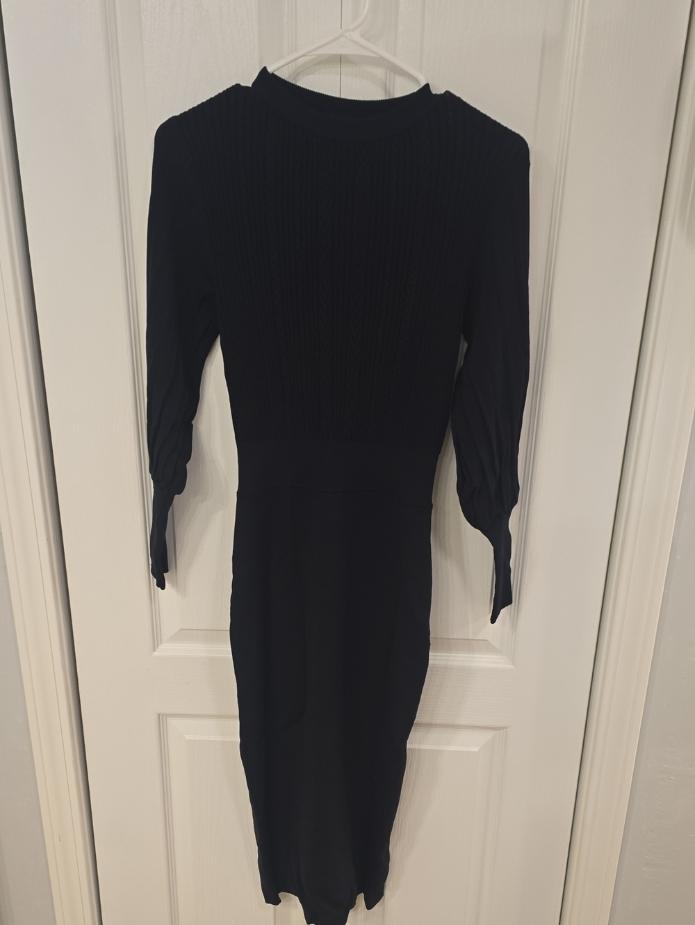 Classic Black Long-Sleeve Midi Dress with Textured Bodice